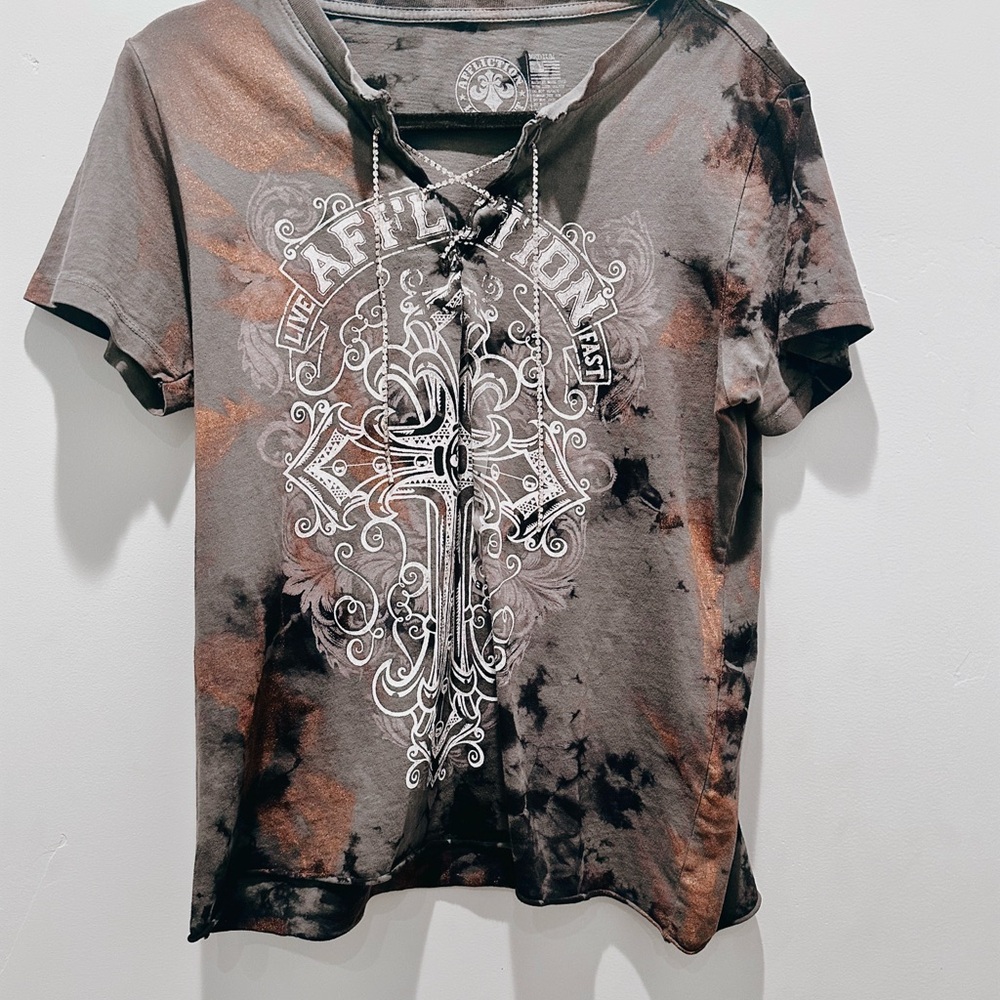 Affliction Charcoal and Brown Lace-Up Tee Size Medium